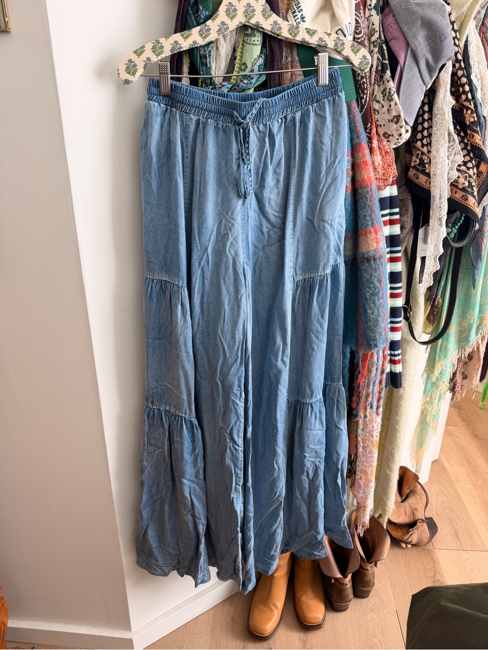 Mustard Seed Light Blue Wide-Leg Tiered Pants